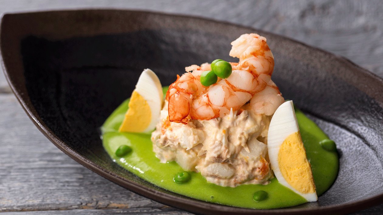 Ensaladilla con Mayonesa de Zanahoria, Guisantes en crema y Vinagreta Ensaladilla con Mayonesa de Zanahoria, Guisantes en crema y Vinagreta