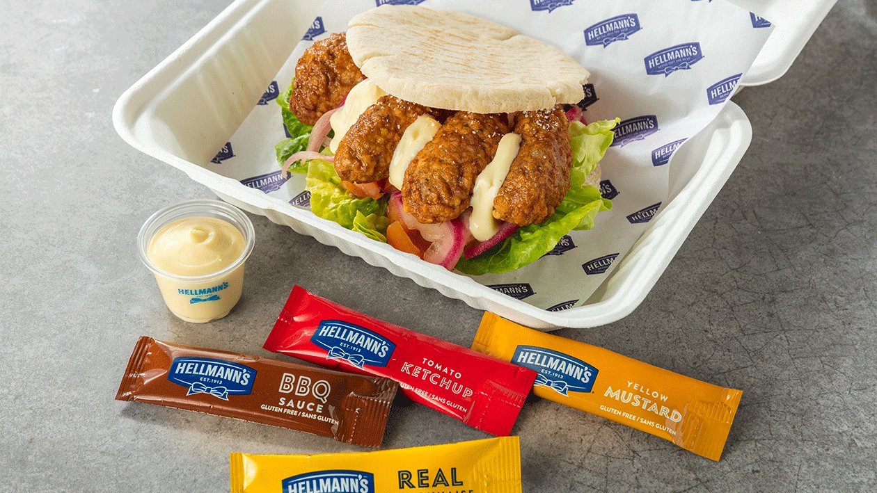 Falafel en pita con mayonesa cítrica y salsa de yogur Falafel en pita con mayonesa cítrica y salsa de yogur