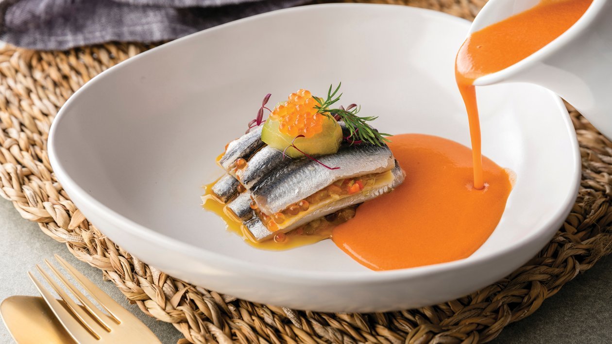 Lasaña de bocartes, pisto y sopa fría de tomate sin gluten Lasaña de bocartes, pisto y sopa fría de tomate sin gluten
