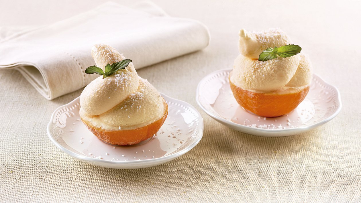 Mandarinas con sorbete y batida de coco Mandarinas con sorbete y batida de coco