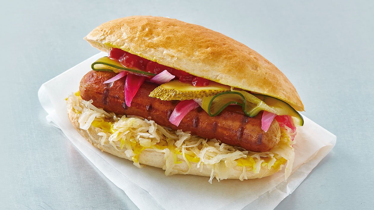 NoHot Dog con pepino, cebolla y chucrut NoHot Dog con pepino, cebolla y chucrut