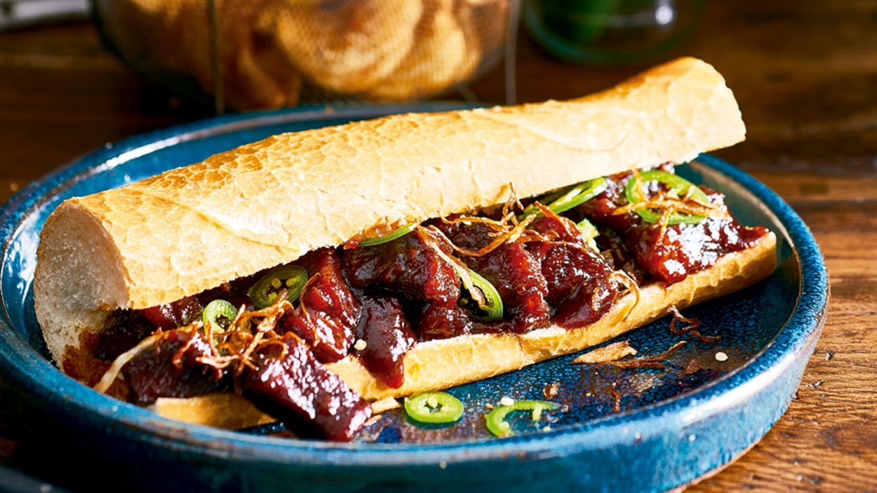 Rib burnt ends hoagie, whisky maple bbq Rib burnt ends hoagie, whisky maple bbq