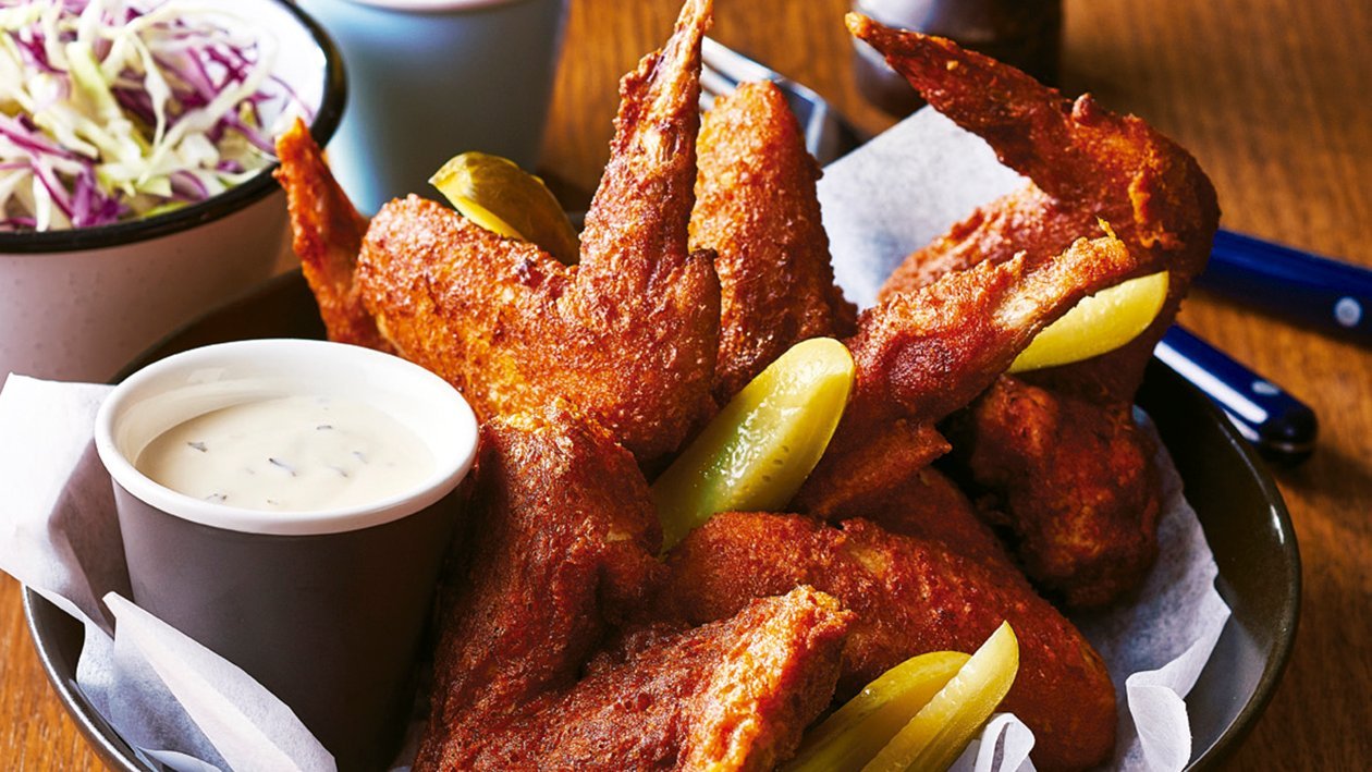 Tennessee hot fried chicken, slaw and blue cheese dressing Tennessee hot fried chicken, slaw and blue cheese dressing