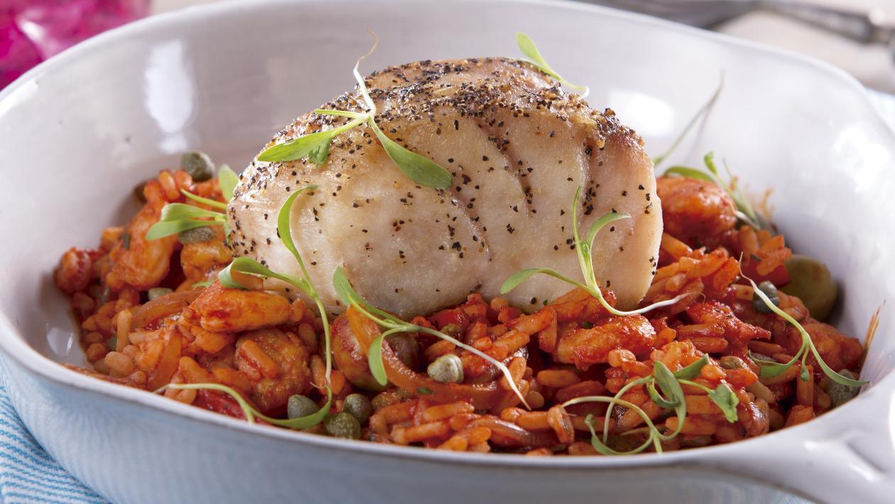 Pescado Asado en Cama de Arroz a la Veracruzana, Vegetales Salteados y Espuma de Chile Güero Pescado Asado en Cama de Arroz a la Veracruzana, Vegetales Salteados y Espuma de Chile Güero