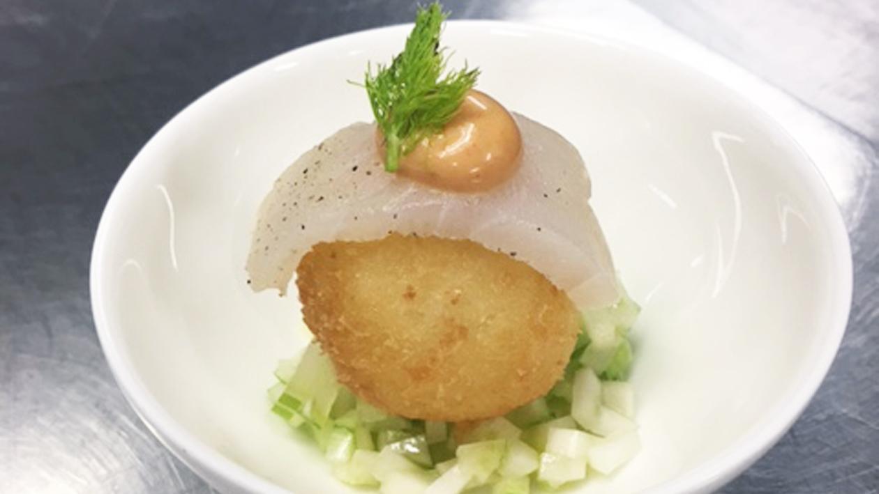 Croquette de brandade, fenouil, églefin saumuré, mayonnaise au poivron – Recette Croquette de brandade, fenouil, églefin saumuré, mayonnaise au poivron – Recette