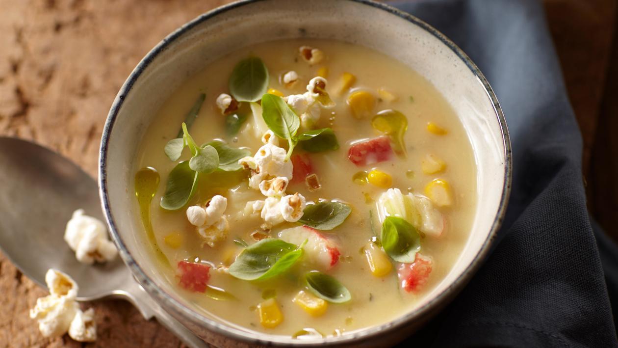 Soupe de maïs à l’Américaine au surimi et pop-corn – Recette Soupe de maïs à l’Américaine au surimi et pop-corn – Recette