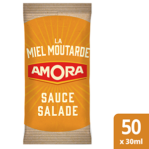 Amora Sauce salade Miel & Moutarde - Carton de 50 dosettes de 30 ml - Sur la table des français depuis 1919, AMORA® a su conquérir leur cœur et fait aujourd’hui partie du patrimoine culinaire français.