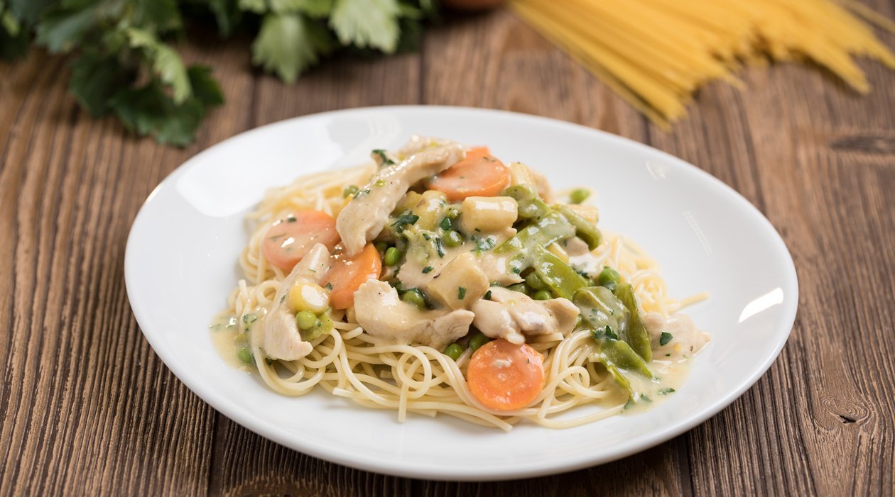 Spagetti csirkés-zöldséges mártással (7-10 éves korcsoport, sómentes alappal) Spagetti csirkés-zöldséges mártással (7-10 éves korcsoport, sómentes alappal)