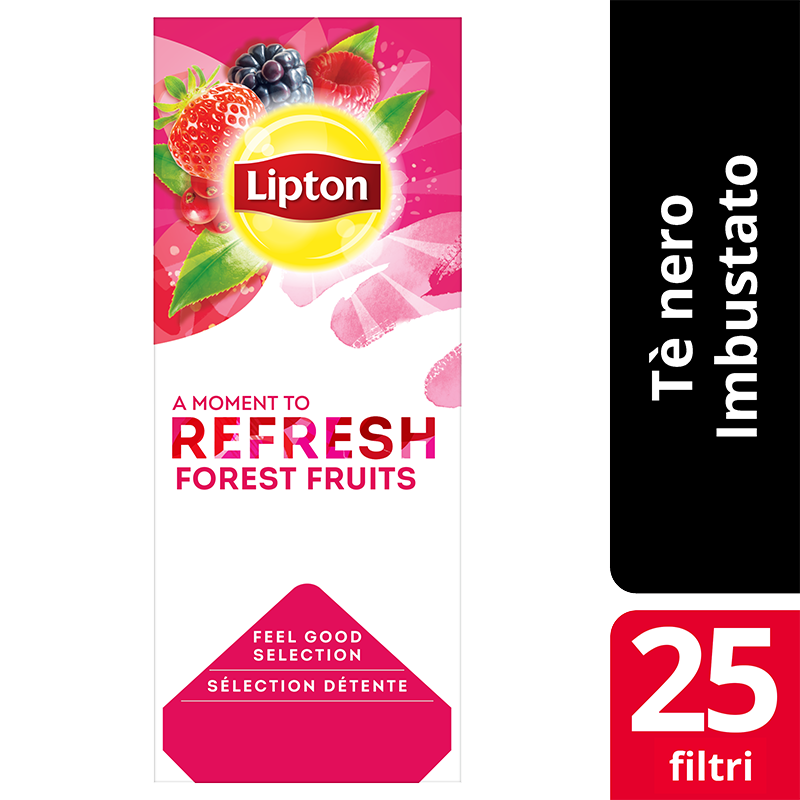 Lipton Forest Fruits Tea Flavoured Black Tea 25 Filtri - Lipton Feel Good Selection offre un’ampia varietà di tè e infusi che aiutano i tuoi clienti a vivere al meglio ogni momento.