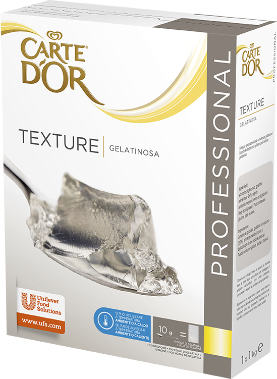 Texture 1 Gelatinosa - TEXTURE 1 Gelatina Carte d’Or Professional si dissolve a temperatura ambiente senza formare grumi e gelifica anche liquori, succhi ed ingredienti freschi.