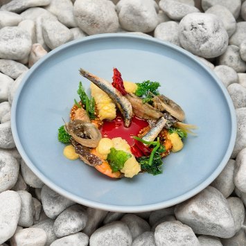 Frittura di pesce - “selezione” di pesci dell’Adriatico con maionese al curry e succo di pomodoro in agro-dolce alla rosa canina – Ricetta Frittura di pesce - “selezione” di pesci dell’Adriatico con maionese al curry e succo di pomodoro in agro-dolce alla rosa canina – Ricetta