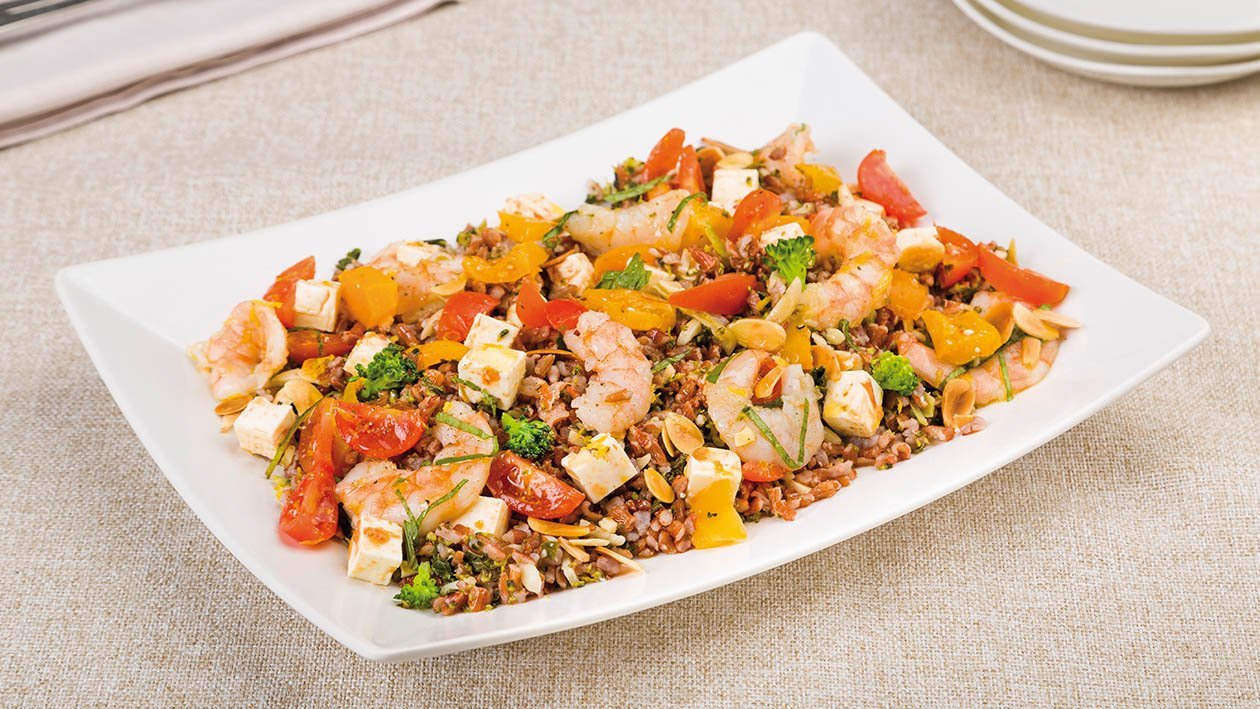 riso rosso con broccoli, feta, gamberi, pomodorini gialli, mandorle e limone – Ricetta riso rosso con broccoli, feta, gamberi, pomodorini gialli, mandorle e limone – Ricetta