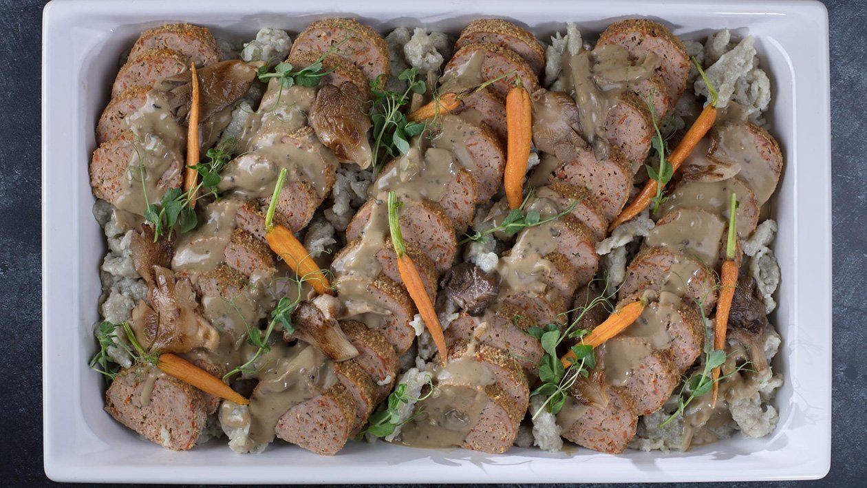 Kiaulienos kepsnys su chorizo, grybų padažu ir pilkais virtinukais – Receptas Kiaulienos kepsnys su chorizo, grybų padažu ir pilkais virtinukais – Receptas
