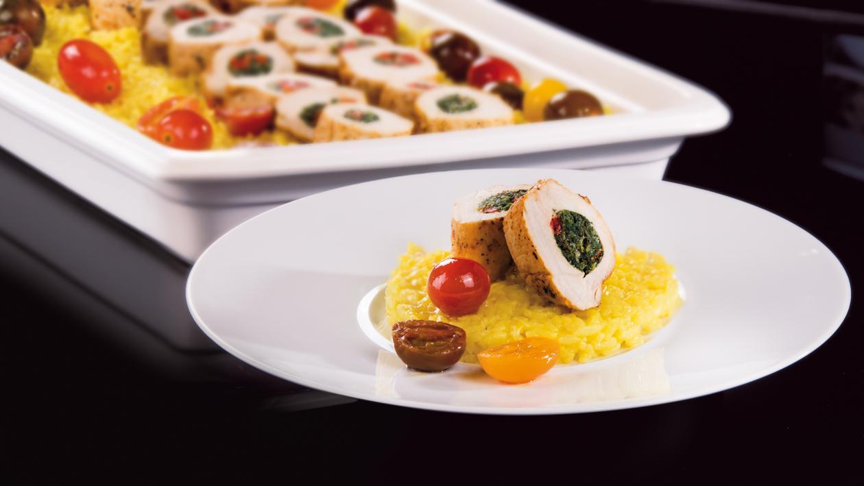 Vištiena įdaryta rikotos sūriu, kepta paprika ir špinatais, su šafraniniu rizotu – Receptas Vištiena įdaryta rikotos sūriu, kepta paprika ir špinatais, su šafraniniu rizotu – Receptas