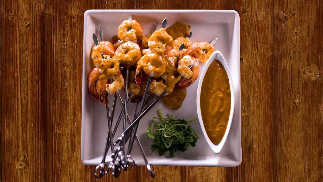 Udang Harimau BBQ Bercucuk Lidi bersama Kuah Kacang Udang Harimau BBQ Bercucuk Lidi bersama Kuah Kacang