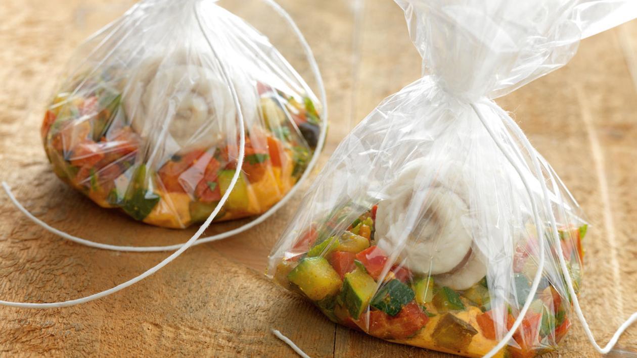 Pakketje van vis met zuiderse ratatouille Pakketje van vis met zuiderse ratatouille