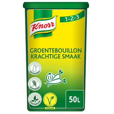 Knorr 1-2-3 Groentebouillon krachtige smaak Poeder opbrengst 50L - Knorr 1-2-3 Groentebouillon geeft gerechten een krachtige smaak en is glutenvrij."