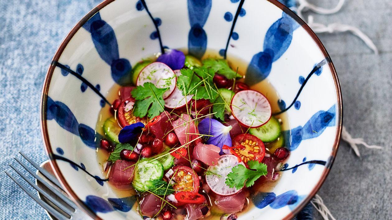 "Ceviche" van tonijn met watermeloen "Ceviche" van tonijn met watermeloen