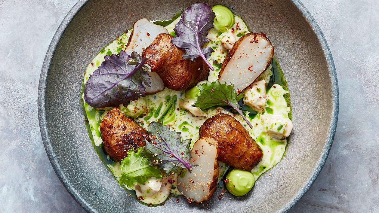 Gebakken aardpeer met boerenkool en witte wijn saus Gebakken aardpeer met boerenkool en witte wijn saus
