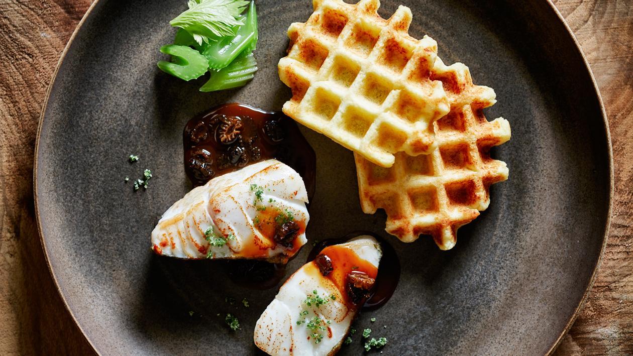Kabeljauw met knolselderijwafels en morilles Kabeljauw met knolselderijwafels en morilles