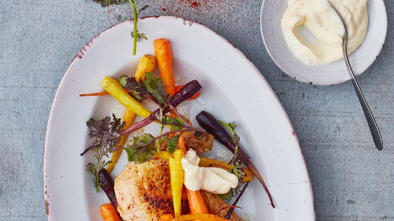 Maiskip met oven geroosterde bospeen en aardappels met aioli Maiskip met oven geroosterde bospeen en aardappels met aioli