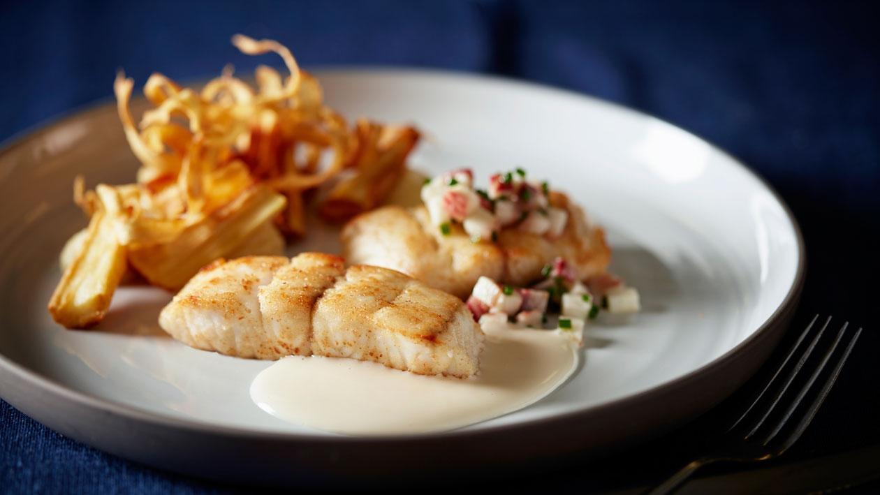 Snoekbaars met pastinaak, beurre blanc en gerookte paling Snoekbaars met pastinaak, beurre blanc en gerookte paling
