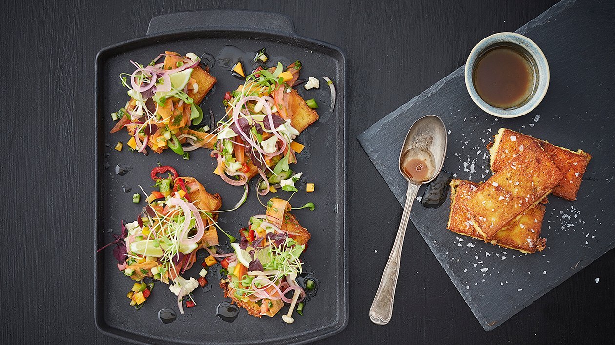 Stekt polenta crostini med grønnsaks-ceviche – Oppskrift Stekt polenta crostini med grønnsaks-ceviche – Oppskrift