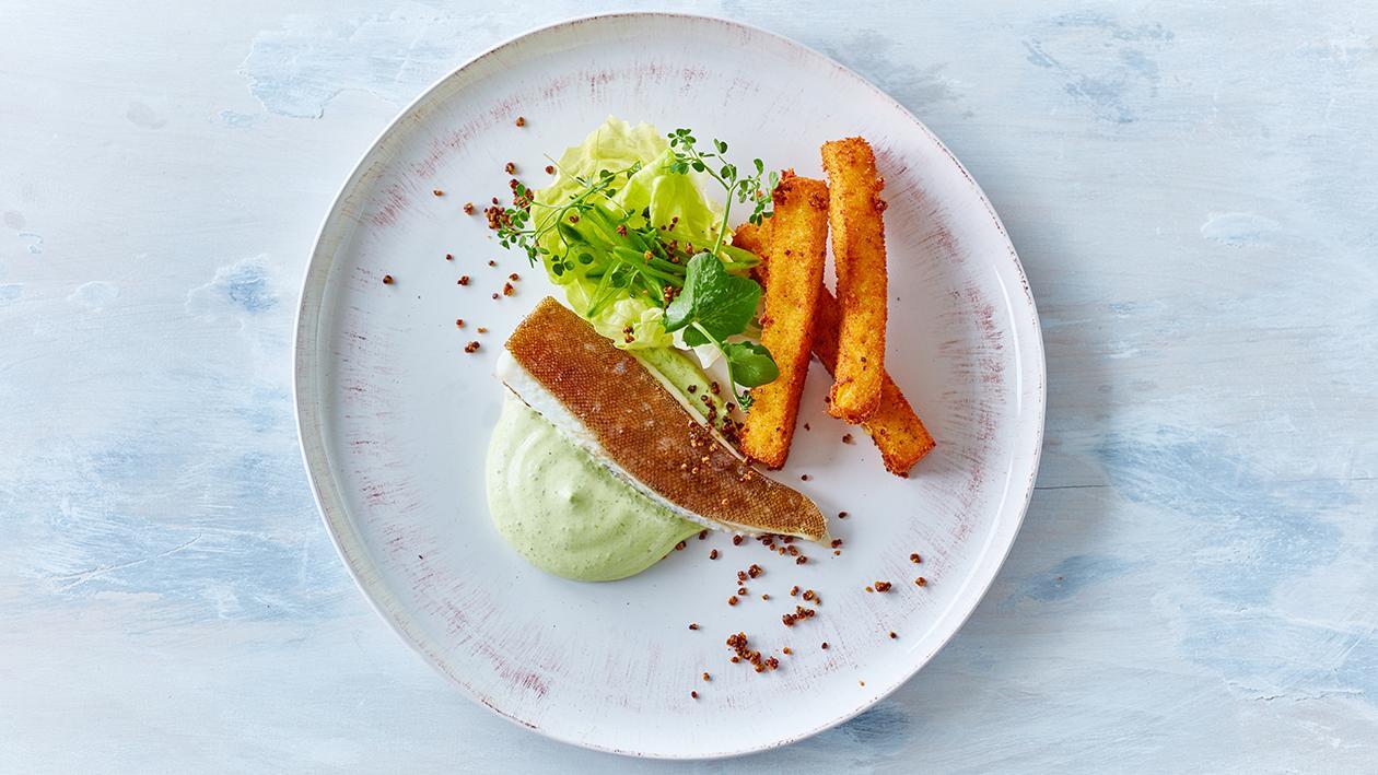 Turbot z frytkami w zielonym sosie holenderskim Turbot z frytkami w zielonym sosie holenderskim