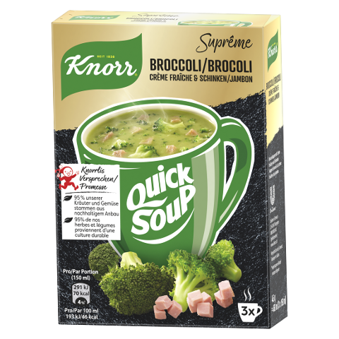 KNORR Suprême Quick Soup Broccoli mit Crème Fraîche und Schinken Packung 3 x 1 Portion - 