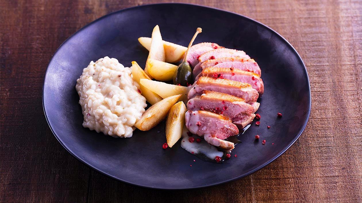 Risotto de 3 Pimentas com Magret de Pato e Pêra Rocha