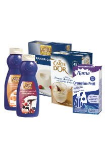12 X Rama Cremefine 31% multiple aplicatii + 2 x Deserturi (Carte D'or Mousse Ciocolata alba, Carte D'or Panna Cotta) + 2 x Topping-uri (Carte D'or Topping Fructe de padure, Carte D'or Topping Caramel) -