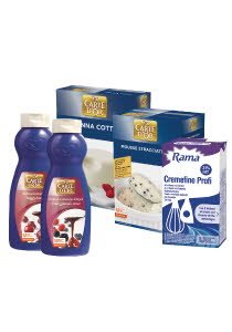 12 X Rama Cremefine 31% multiple aplicatii + 2 x Deserturi (Carte D'or Mousse Stracciatella, Carte D'or Panna Cotta) + 2 x Topping-uri (Carte D'or Topping Fructe de padure, Carte D'or Topping Cirese amare) -