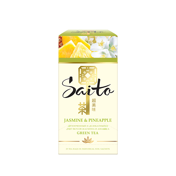 SAITO чай зелёный в сашетах с кусочками ананаса и ароматом жасмина - SAITO чай зелёный в сашетах с кусочками ананаса и ароматом жасмина 25 пакетиков