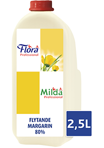Milda Flytande Margarin 4 x 2,5 L - Flora/Milda Flytande margarin 80% tål hög stektemperatur och ger en utmärkt stekyta. Milda Flytande Margarin 4 x 2,5 L - Flora/Milda Flytande margarin 80% tål hög stektemperatur och ger en utmärkt stekyta.