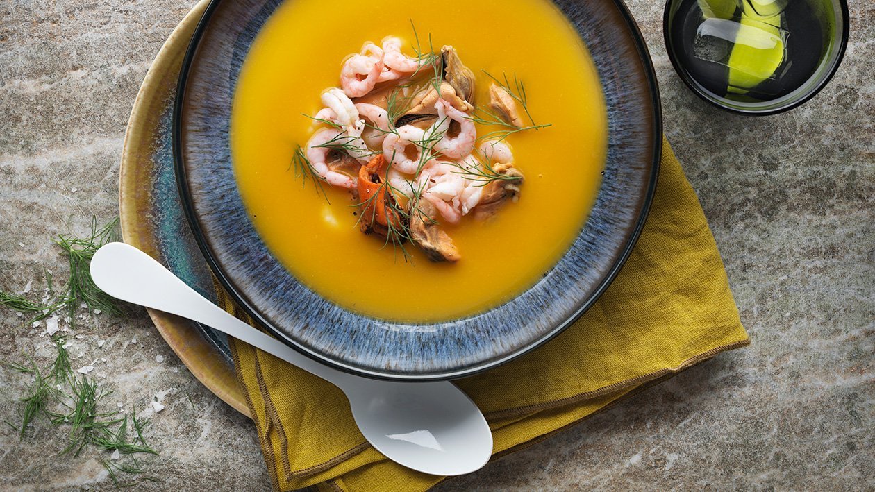 Grönland - Pumpa och morotsoppa med räkor och musslor Grönland - Pumpa och morotsoppa med räkor och musslor