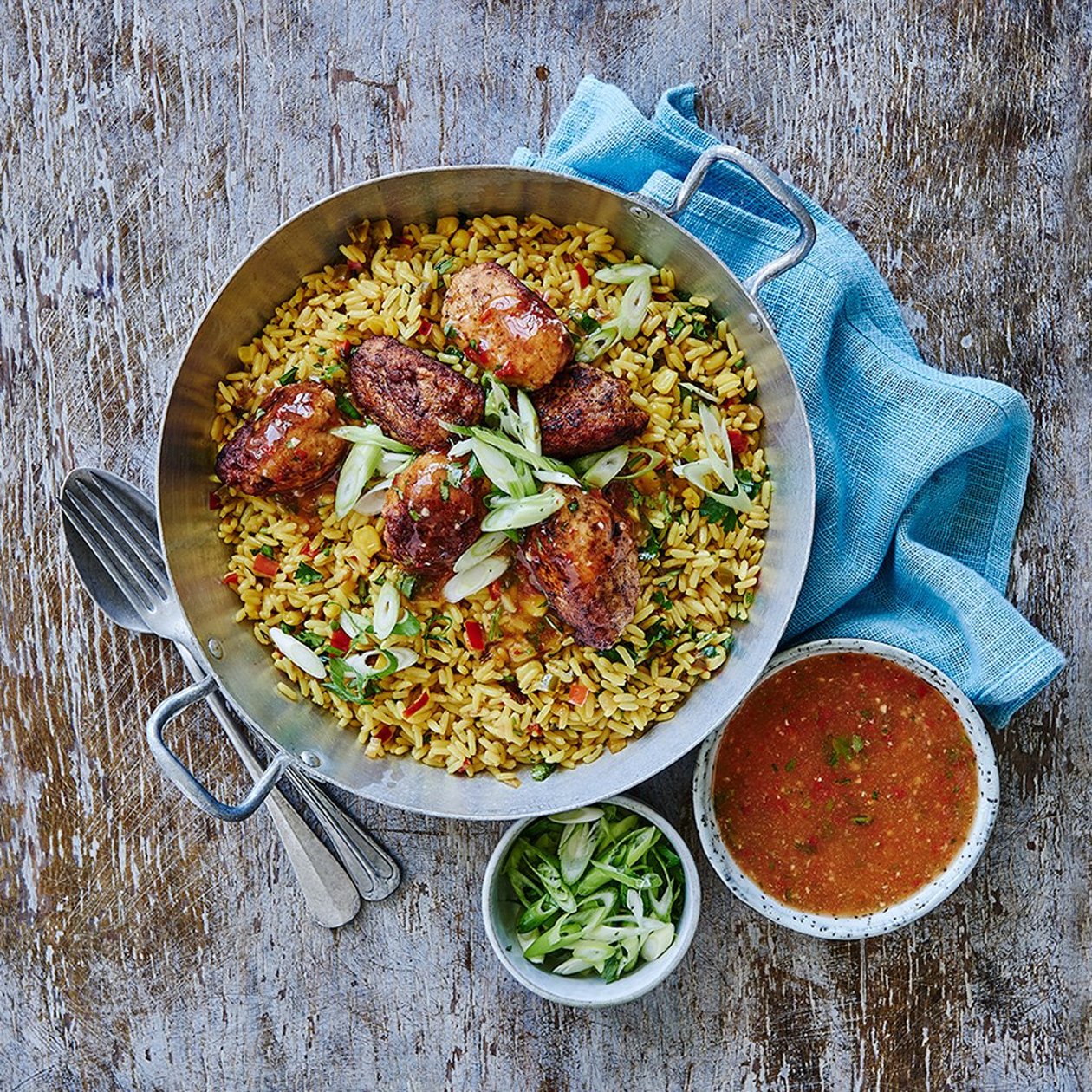 Tropisk kyckling från Belize med ananas, sweet chili och ris Tropisk kyckling från Belize med ananas, sweet chili och ris